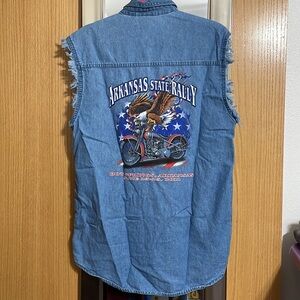 Arkansas State Motorcycle Rally 2011 denim muscle shirt  fringed arm seam Medium